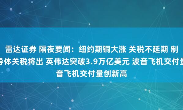 雷达证券 隔夜要闻：纽约期铜大涨 关税不延期 制药、半导体关税将出 英伟达突破3.9万亿美元 波音飞机交付量创新高